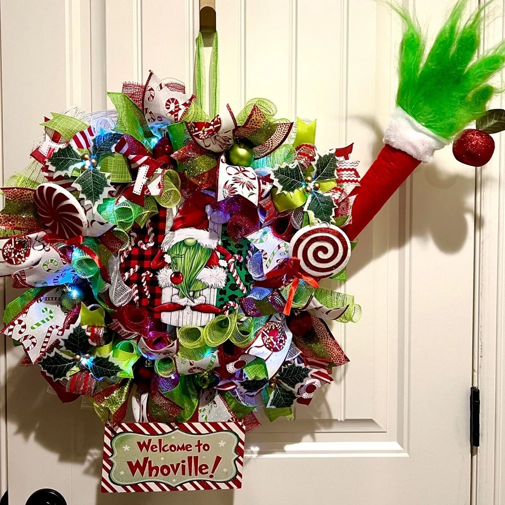 Handmade Christmas Gnome Holiday Ribbon LED Door Wreath 22” W69